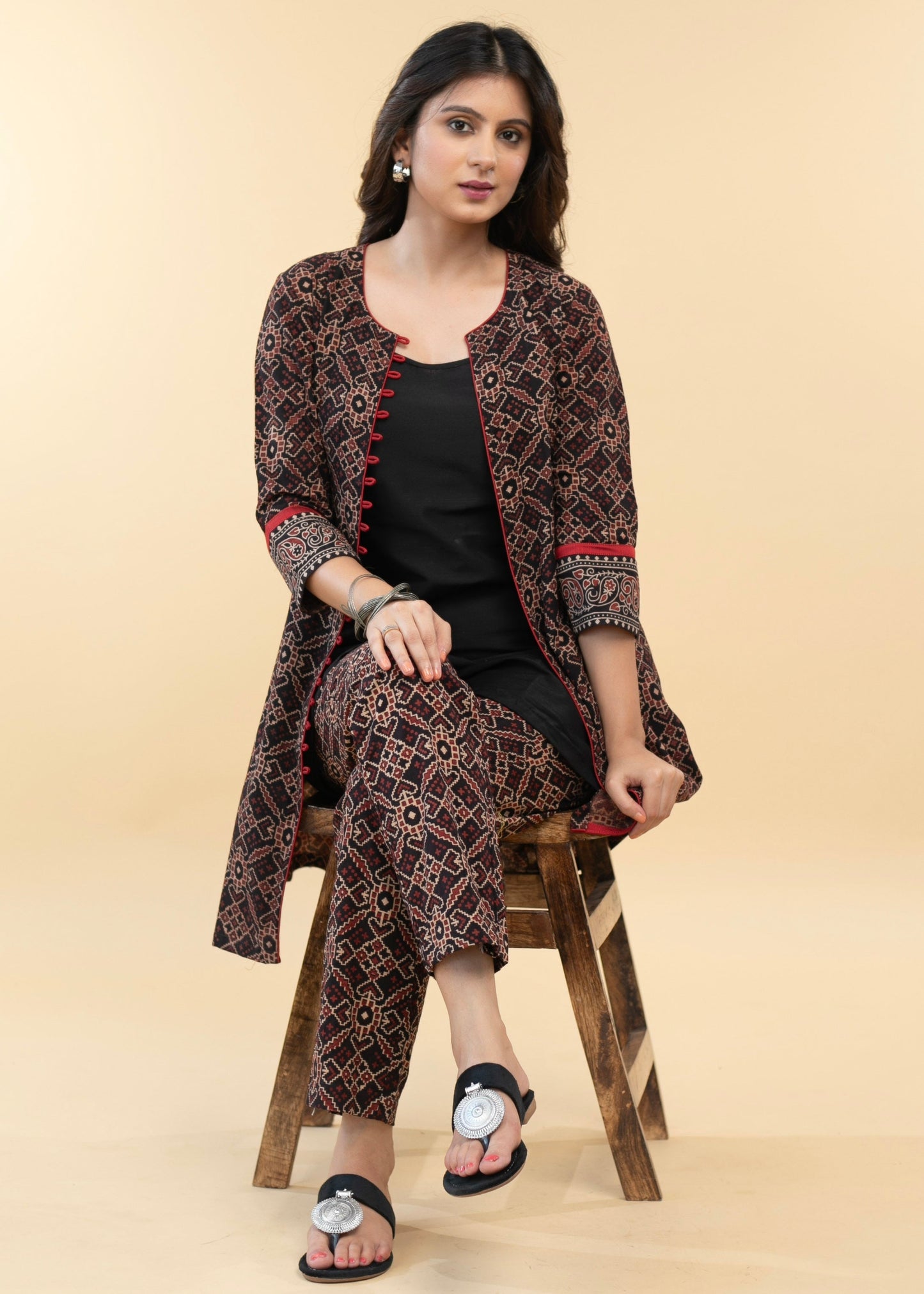 Smart Black Ajrakh Jacket with Cotton Silk Inner (2 Piece) - Ajrakh Pant Optional
