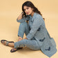 Chique Applique Work Striped Indigo Shirt Jacket with Cotton Inner (2 Piece)- Co-ord Indigo Pant Optional