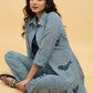 Chique Applique Work Striped Indigo Shirt Jacket with Cotton Inner (2 Piece)- Co-ord Indigo Pant Optional