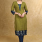 Classy Moss Green Cotton Kurta with Blue Floral Combination