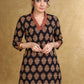 Black Floral Ajrakh V-Neck Kurta