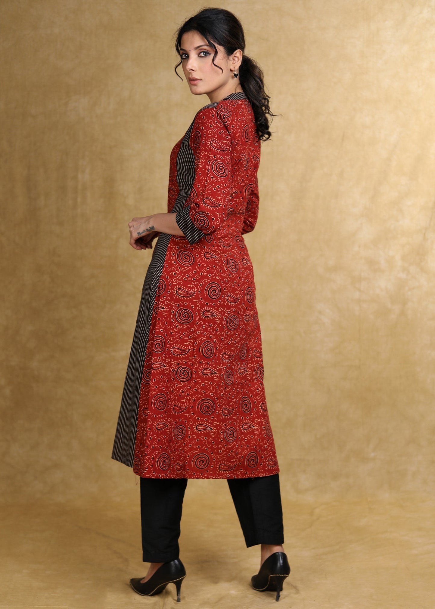 A-Line Maroon Black Ajrakh Combination Kurta