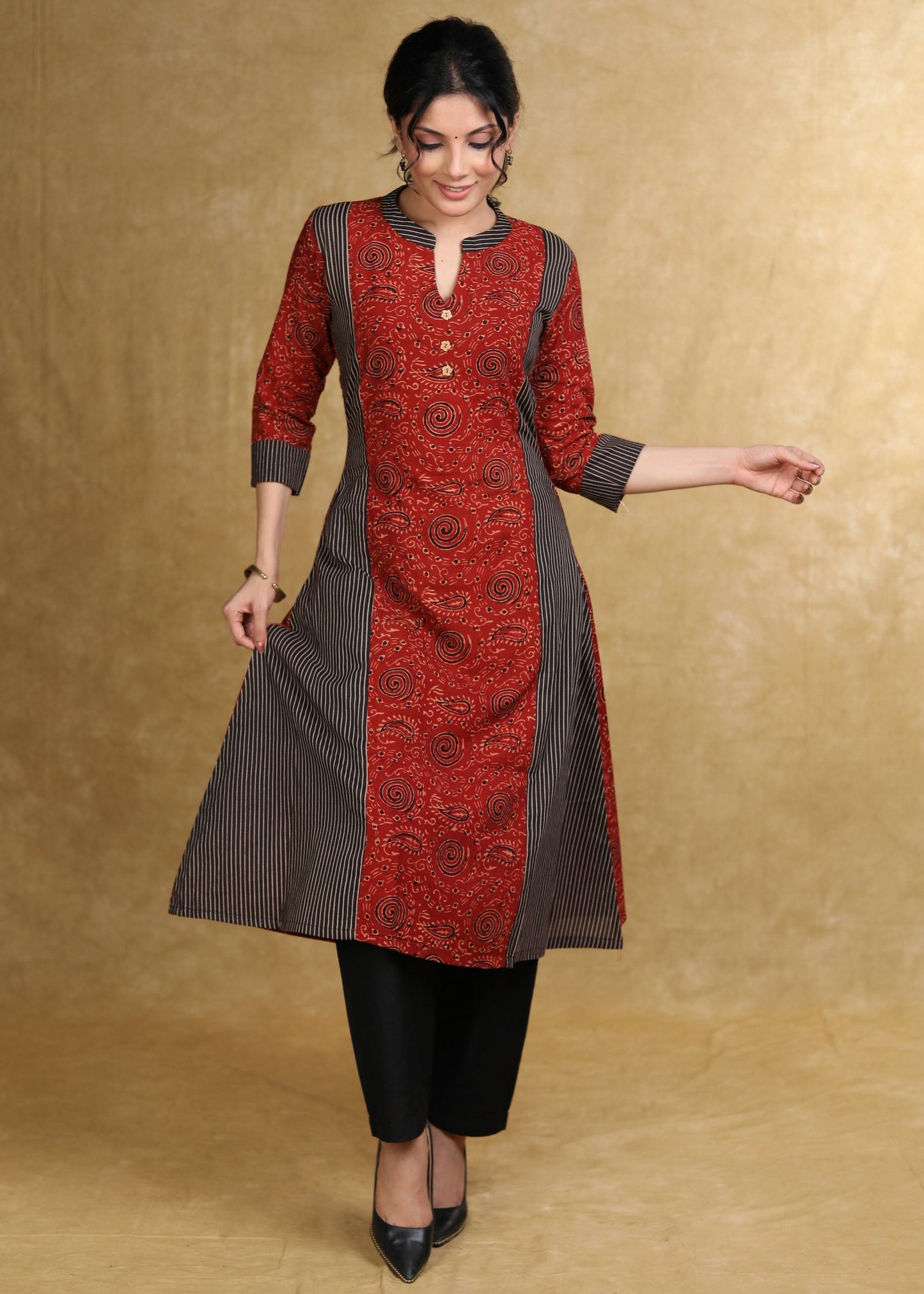 A-Line Maroon Black Ajrakh Combination Kurta