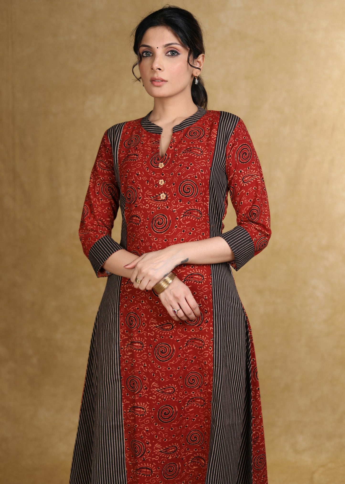 A-Line Maroon Black Ajrakh Combination Kurta