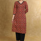Easy To Wear Maroon Cotton Ajrakh Straight Cut Kurta with Pearl Embellishment