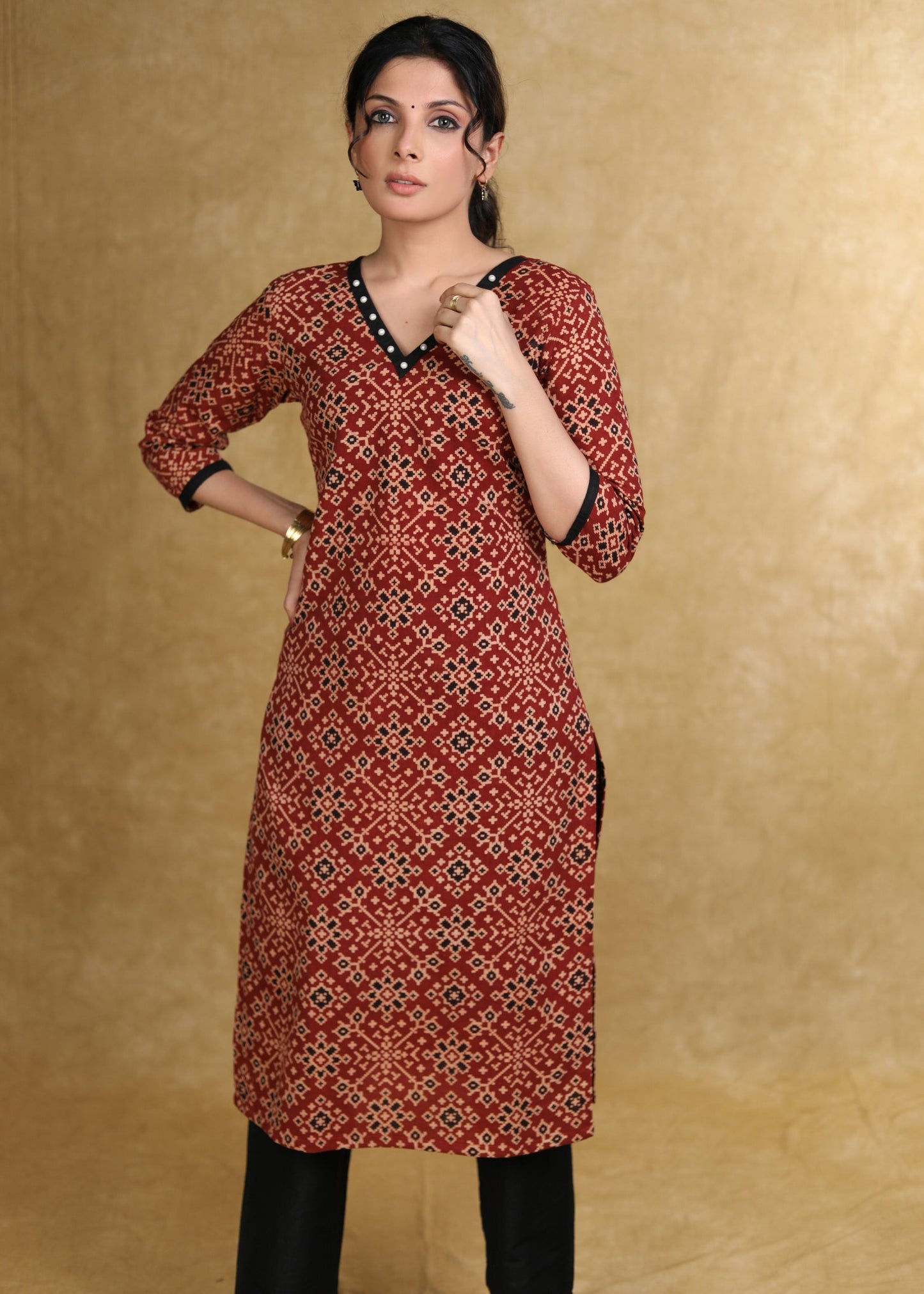 Easy To Wear Maroon Cotton Ajrakh Straight Cut Kurta with Pearl Embellishment