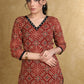 Easy To Wear Maroon Cotton Ajrakh Straight Cut Kurta with Pearl Embellishment