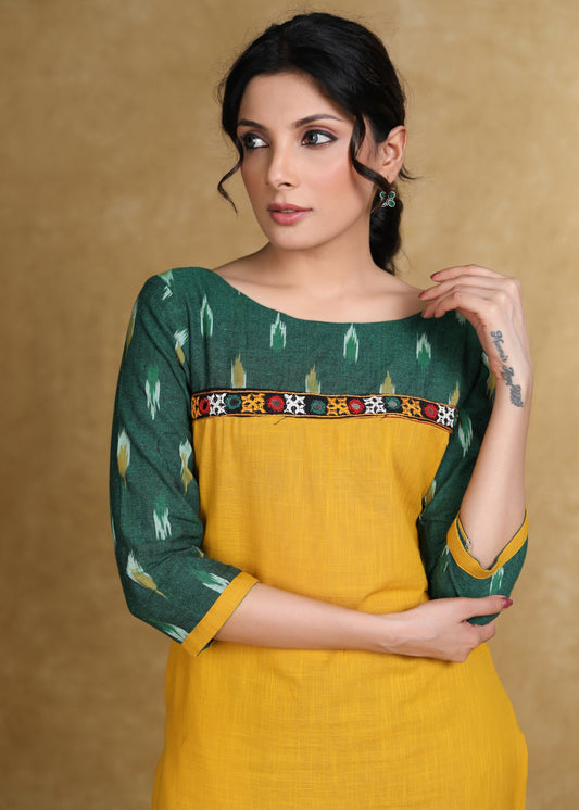 Elegant Cotton Ikat Combination Kurti Highlighted with Mirror Lace