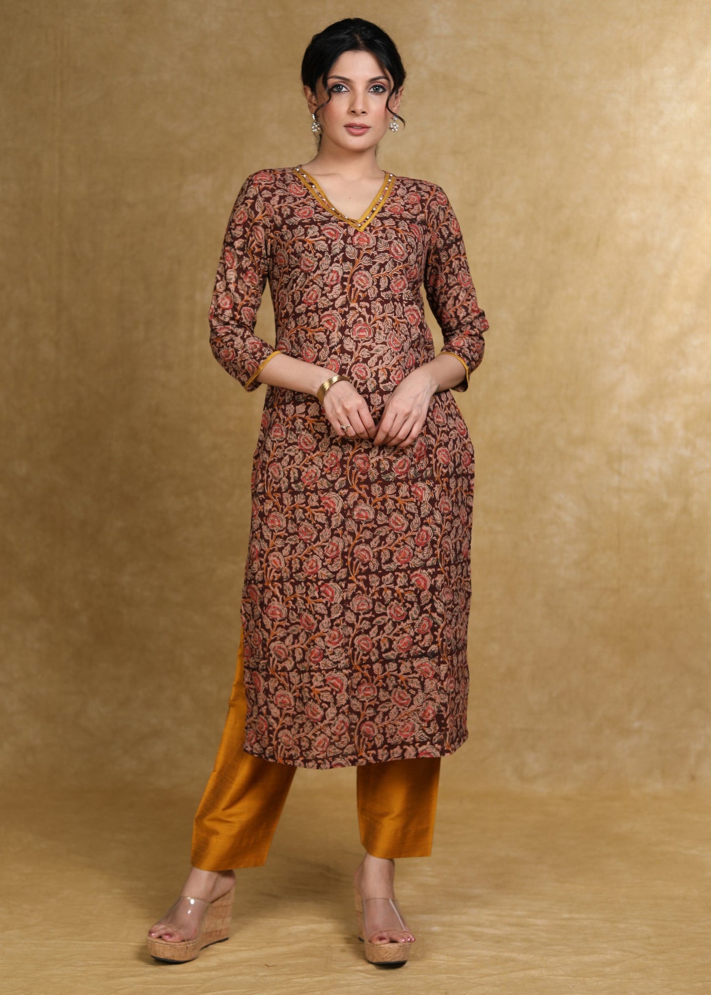 Pure Kalamkari Straight Cut Kurti with Pearls on the Neck