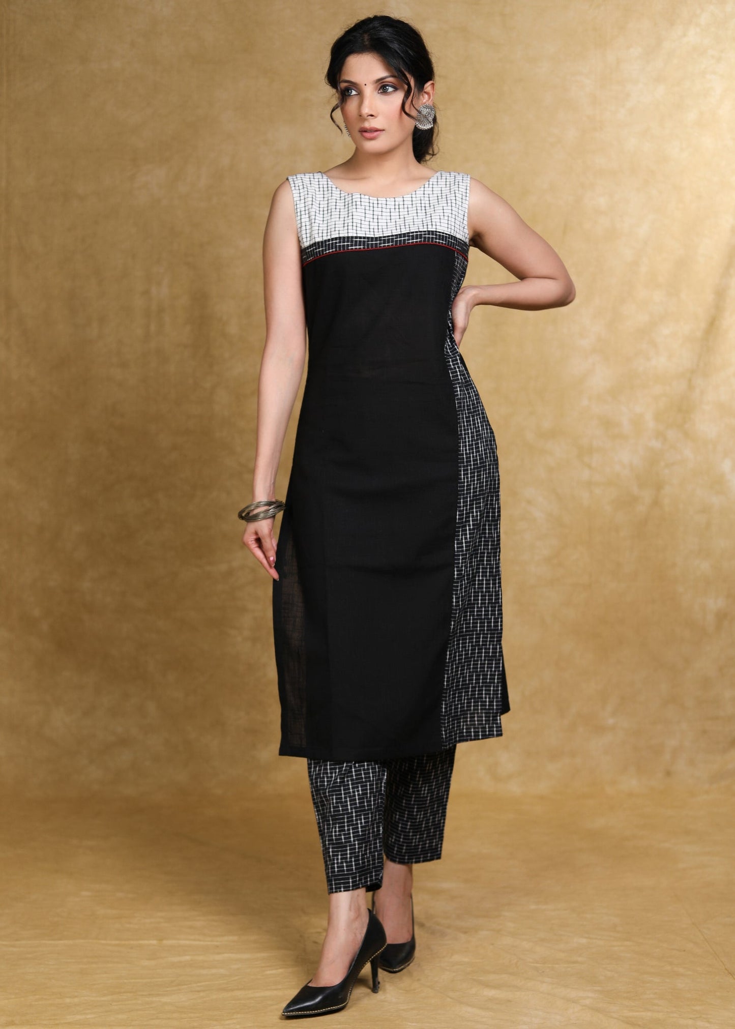 Elegant Black Cotton and Ikat Combination Kurti