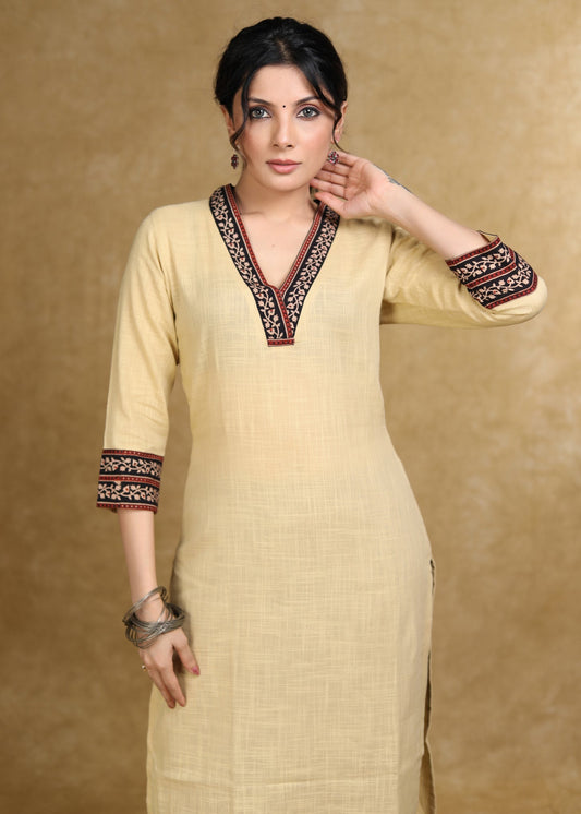 Classy Light Caramel Cotton Kurta with Ajrakh Combination