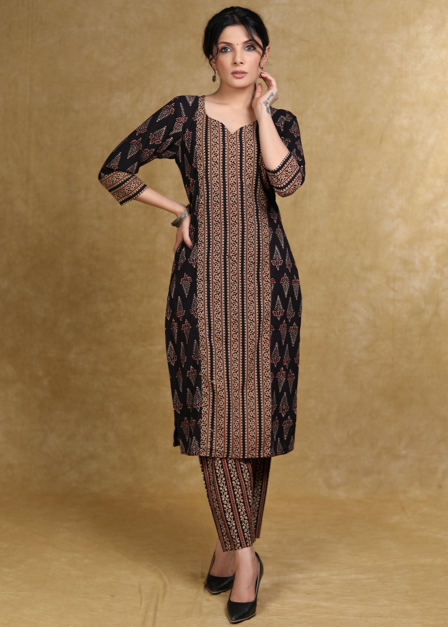 Black Cotton Ajrakh Combination Kurta