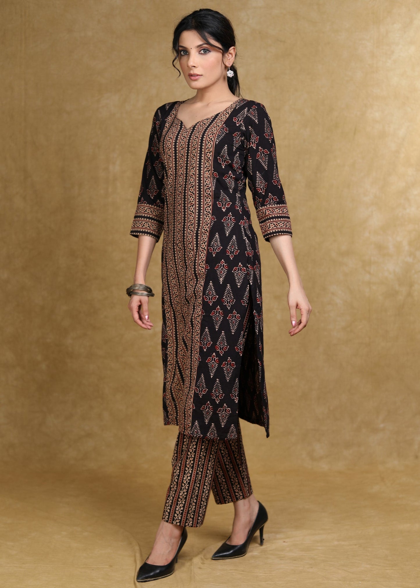 Black Cotton Ajrakh Combination Kurta