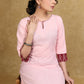 Elegant Baby Pink Cotton Kurta with Contrast Ikat Detailing