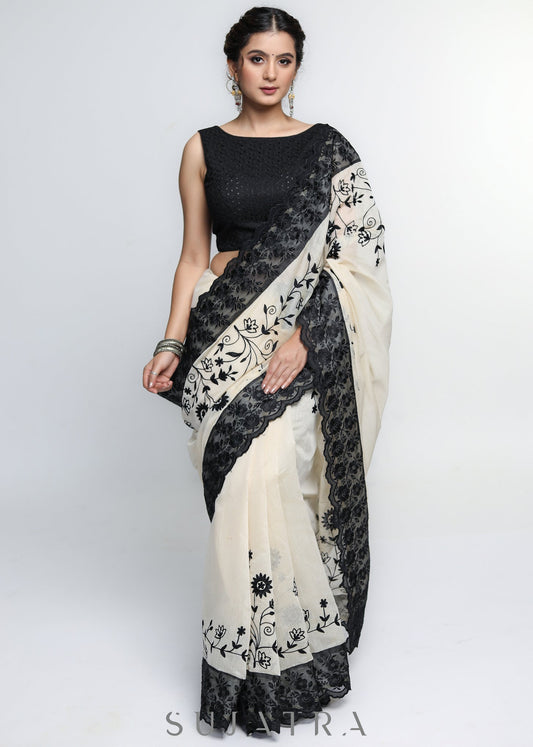 Mesmerizing Cream Chanderi Saree with Beautiful Black Embroidery & Delicate Border