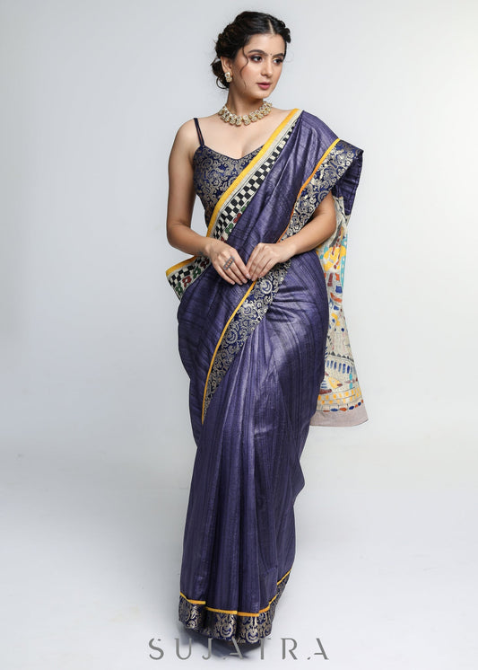 Designer Pure Ghicha Silk Saree with Kalamakari Palu & Banarasi Border