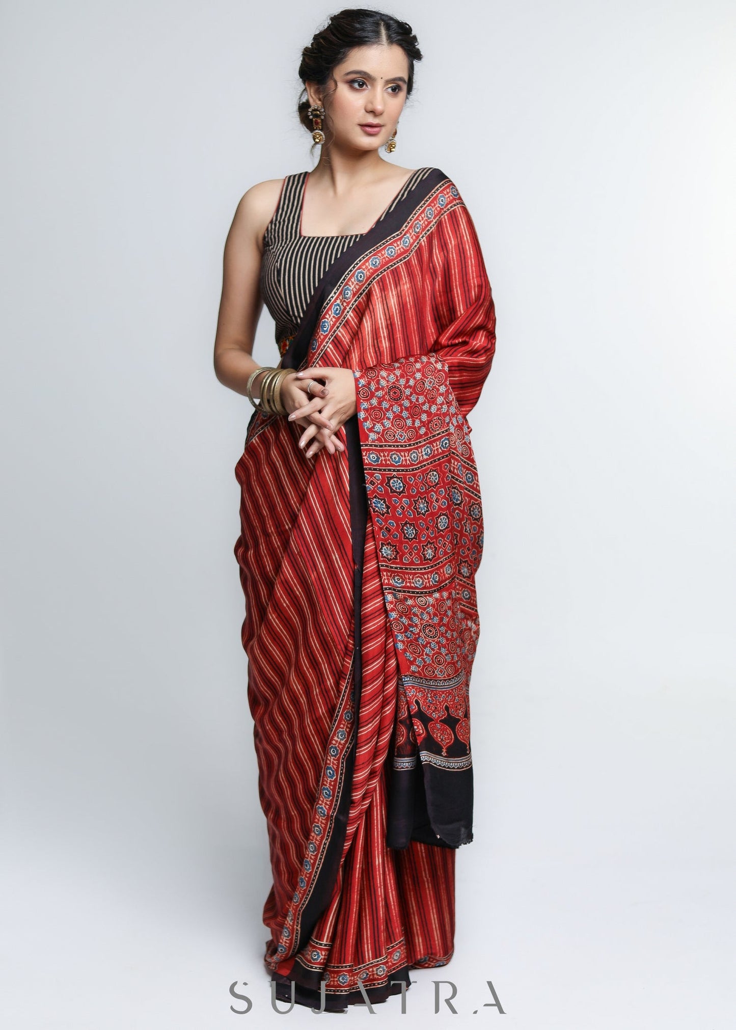 Exclusive Red Modal Silk Saree with Striped Pattern