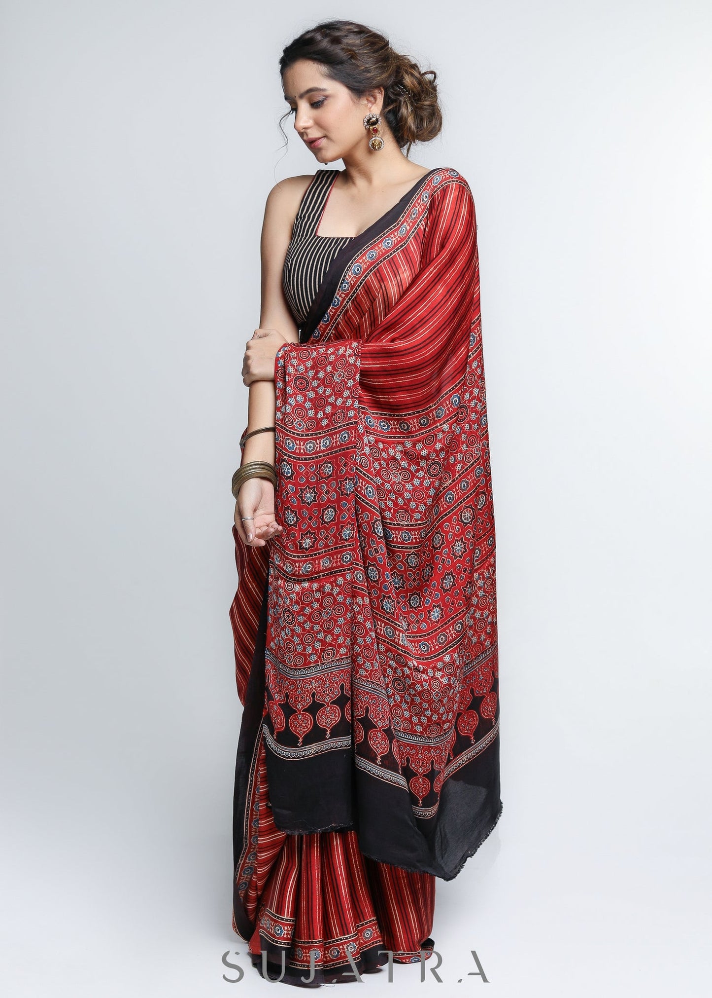 Exclusive Red Modal Silk Saree with Striped Pattern