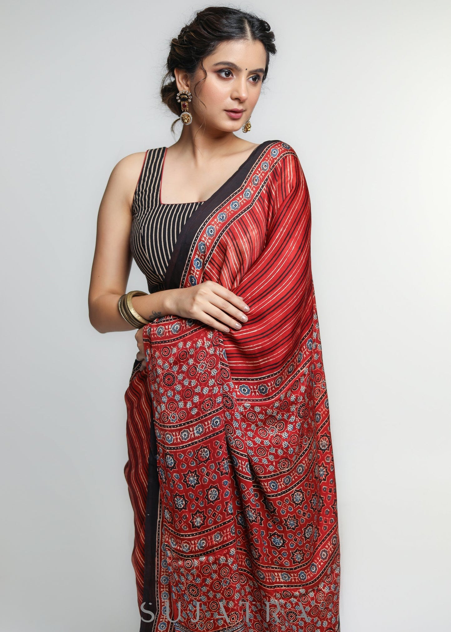 Exclusive Red Modal Silk Saree with Striped Pattern