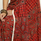 Stunning Red Ajrakh Saree with Mirrorwork detailing & White Border