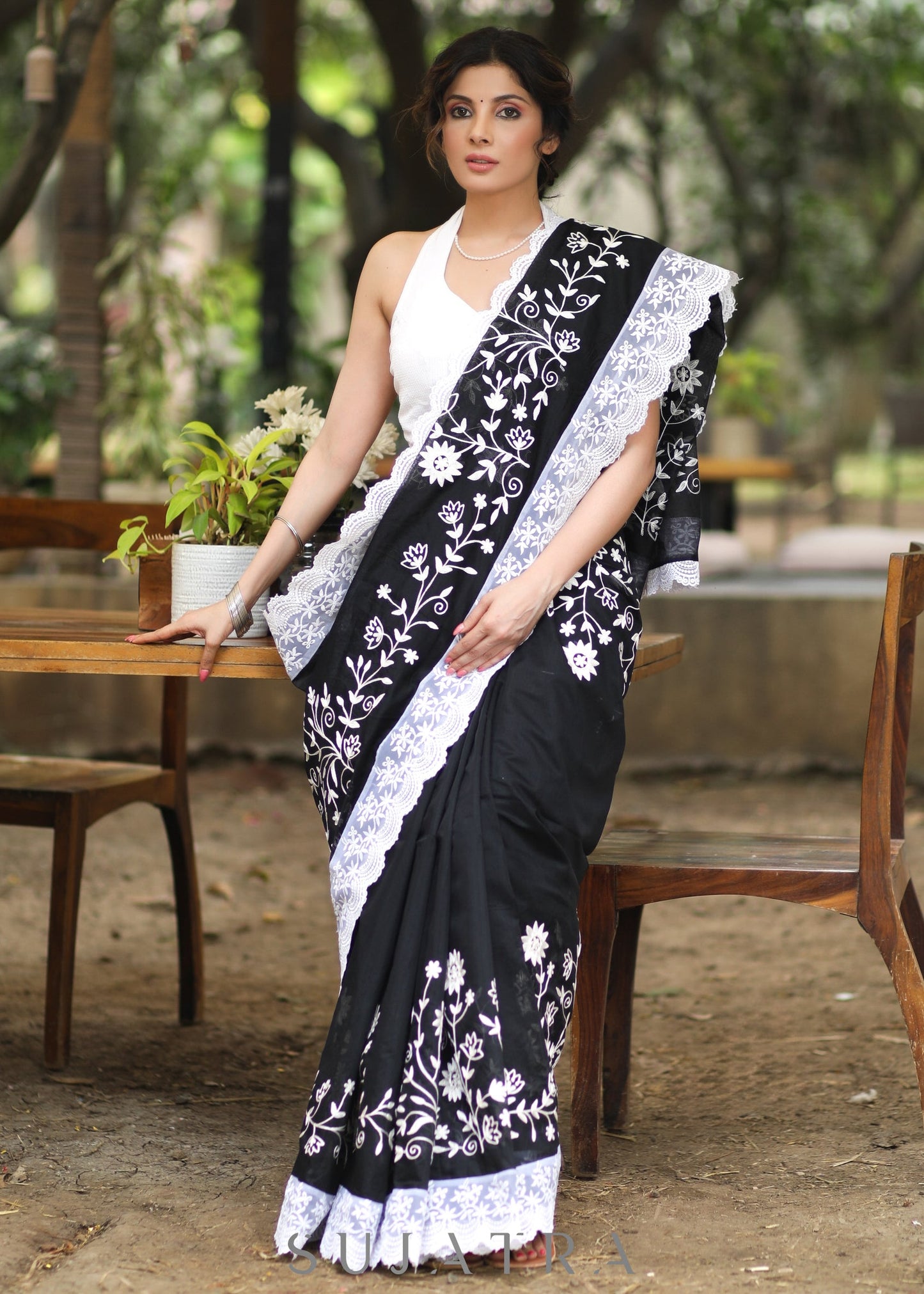 Mesmerising Black Chanderi Saree with Beautiful White Embroidery & Delicate Border