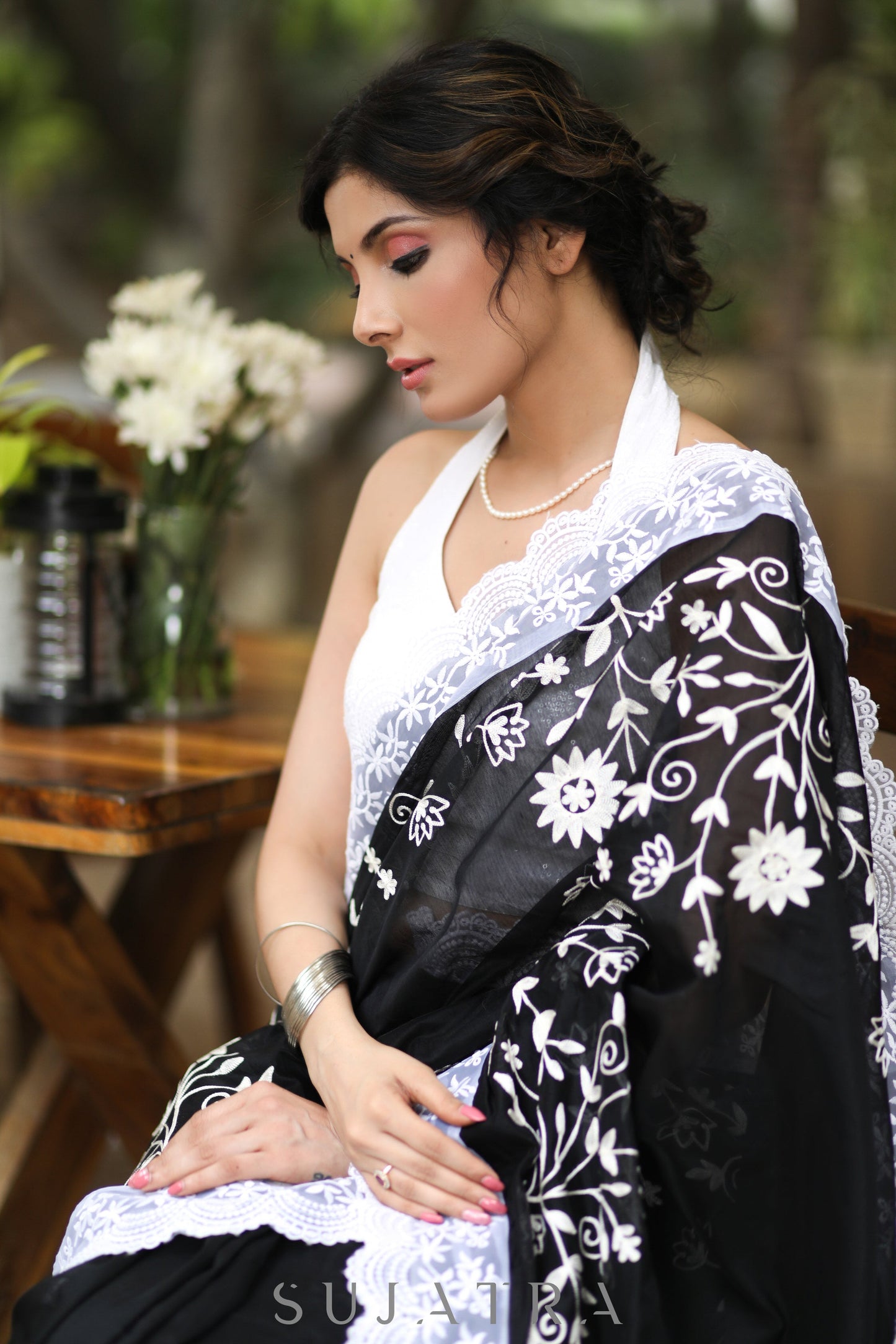 Mesmerising Black Chanderi Saree with Beautiful White Embroidery & Delicate Border