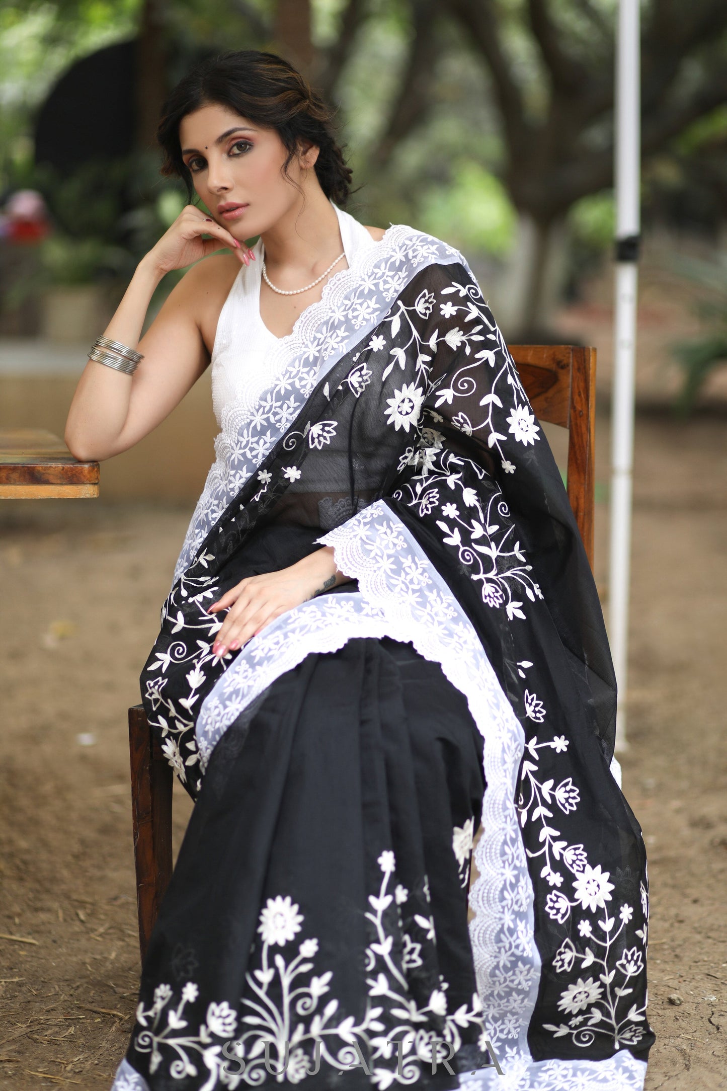Mesmerising Black Chanderi Saree with Beautiful White Embroidery & Delicate Border