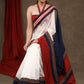Designer White,Blue Chanderi & Cotton Silk Combination Saree Highlighted with Handpainted Temple Motif