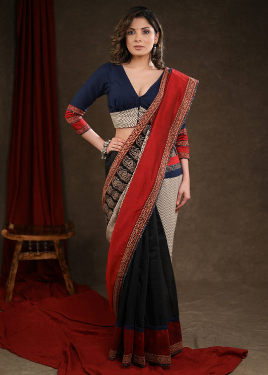 Designer Red & Black Cotton Silk Saree with Ajrakh Combination