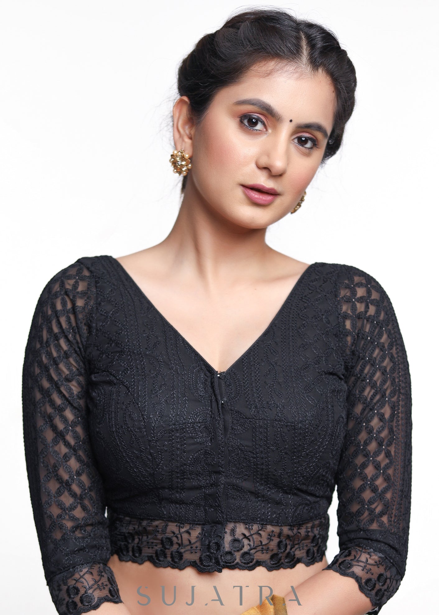 Trendy Black Gerogette Embroidered Blouse