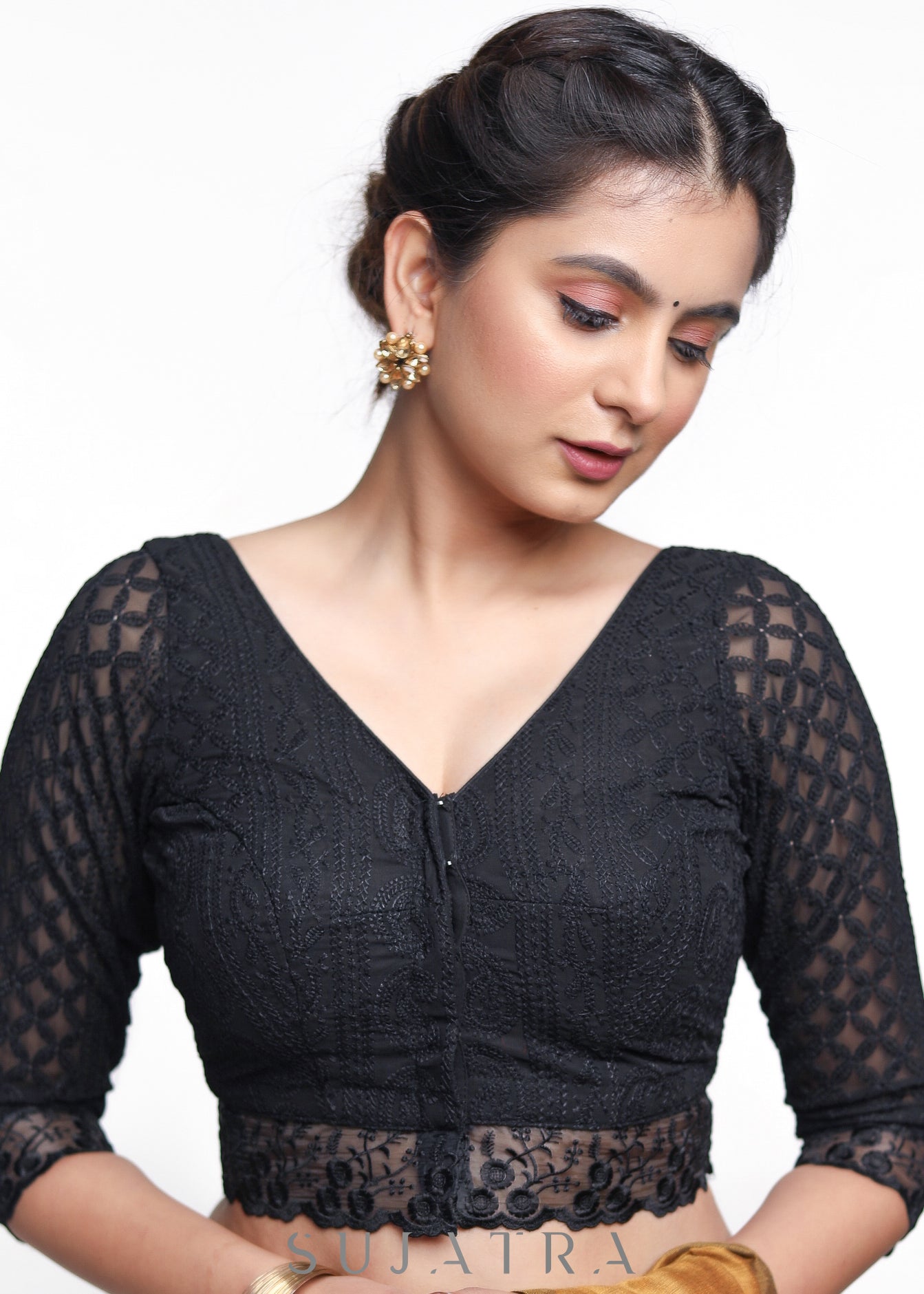 Trendy Black Gerogette Embroidered Blouse