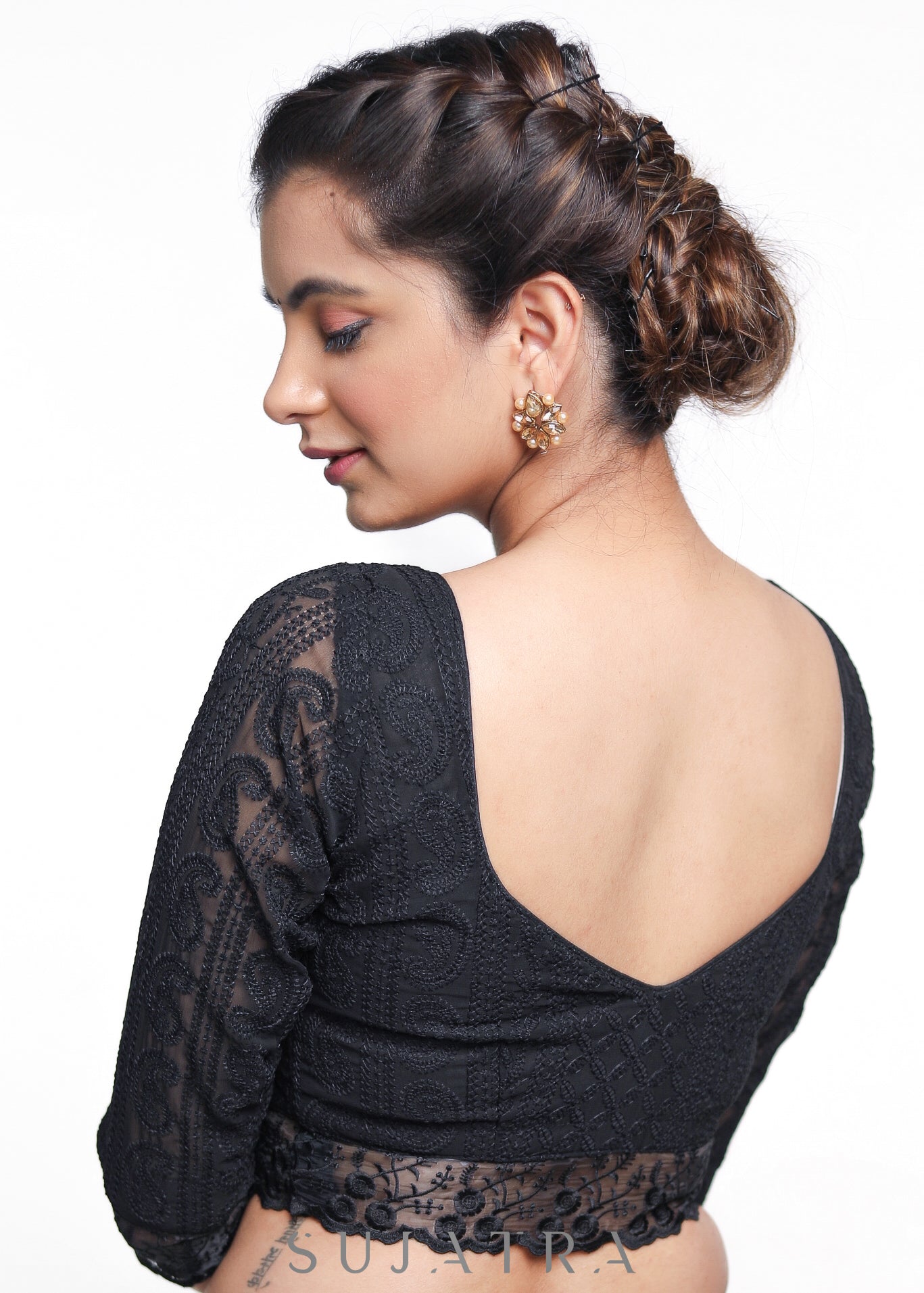 Trendy Black Gerogette Embroidered Blouse