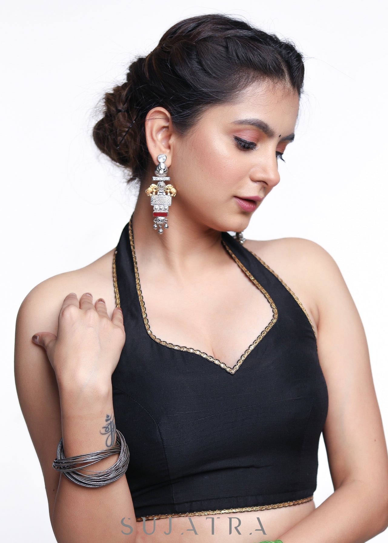 Black Halter Neck Cotton Silk Blouse