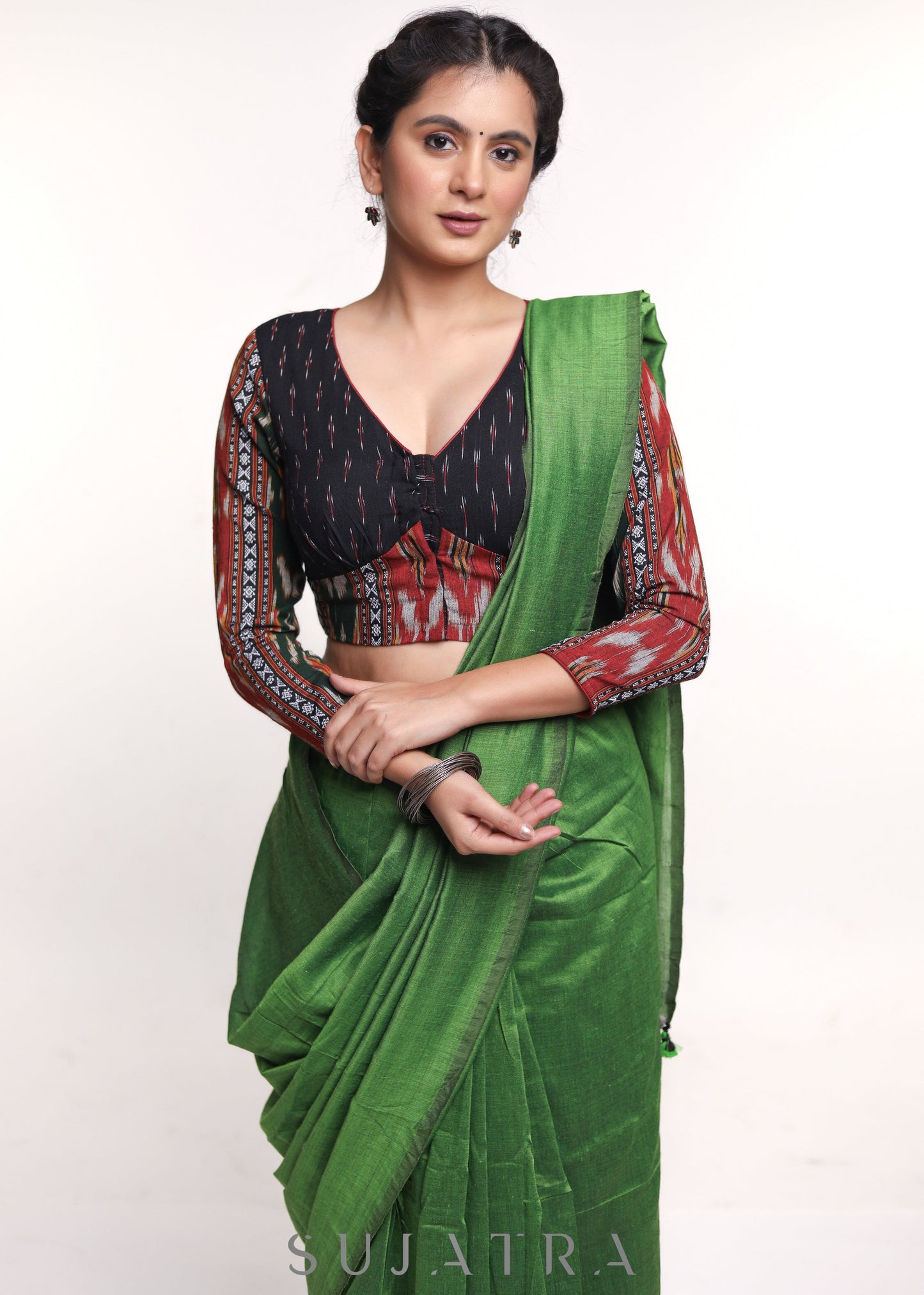 Black Multicolour Ikkat Combination Cotton Blouse