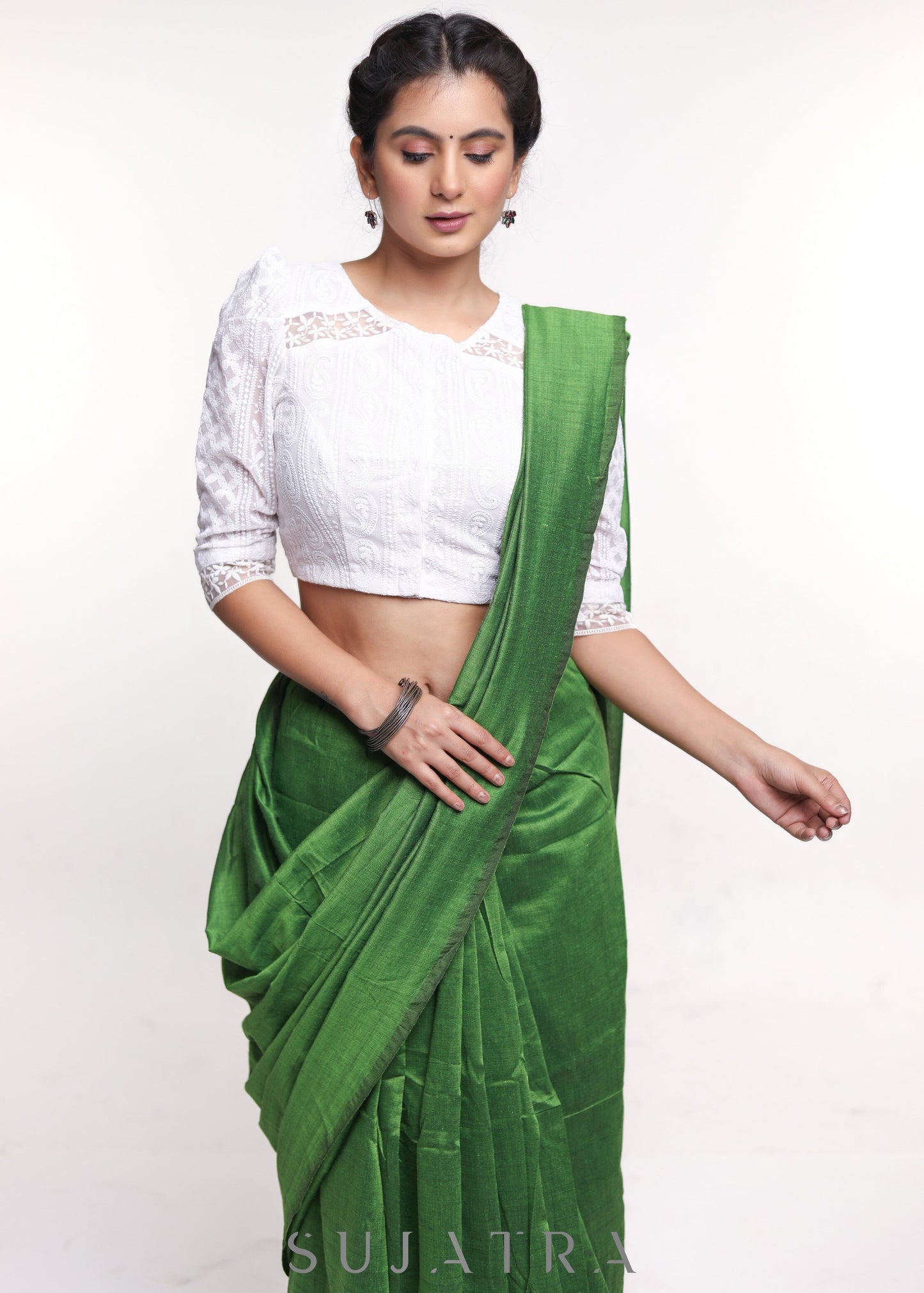White Embroidered Georgette Blouse With Lace Insert
