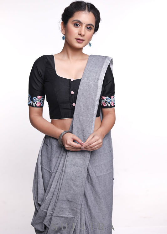 Black Multicolour Cotton Silk Embroidery