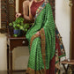 Gorgeous green Gajji Silk Bandhej saree with Kalamkari hand painted Pallu & line border