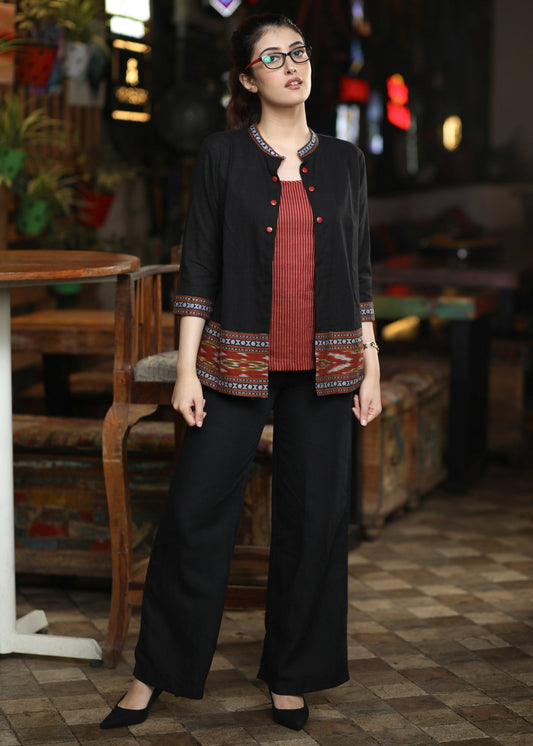 Smart Cotton Black Jacket With Ikat Border