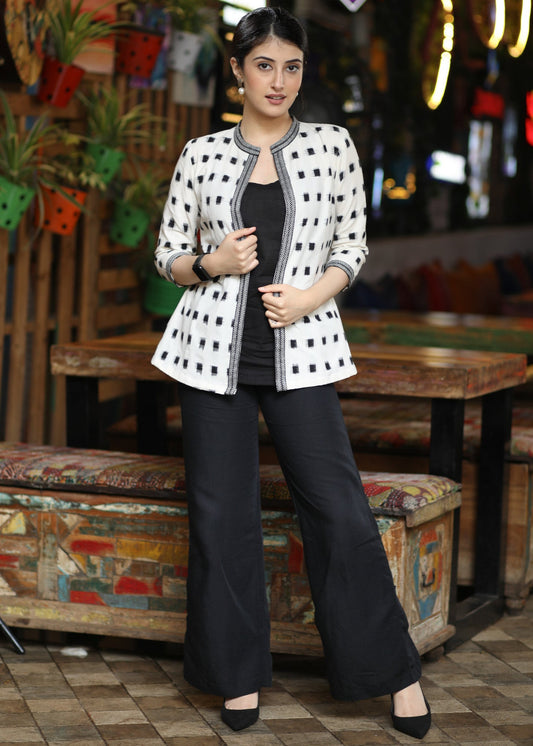 Stylish White Ikat Jacket with Black Inner Highlighted with Aztec Ikat Border