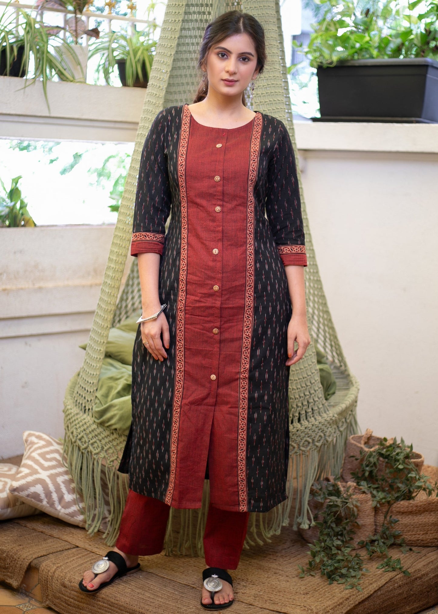 Exclusive Ikat & Ajrakh Combination Kurta with Front Cotton Pannel - Pant Optional