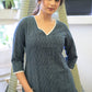 Smart Pure Cotton Navy Blue Striped Straight Cut Kurta Highlighted with Beautiful Lace - Pant Optional