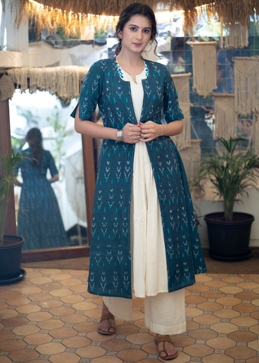 Classy Embroidered Off - White Kurta with Long Ikat Jacket