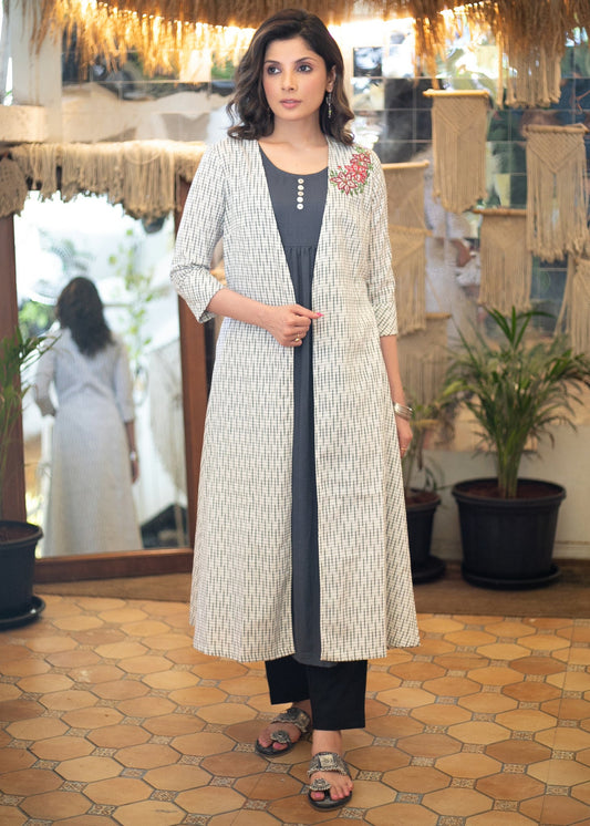 Smart Embroidered Ikat Jacket with Cotton Inner Kurta