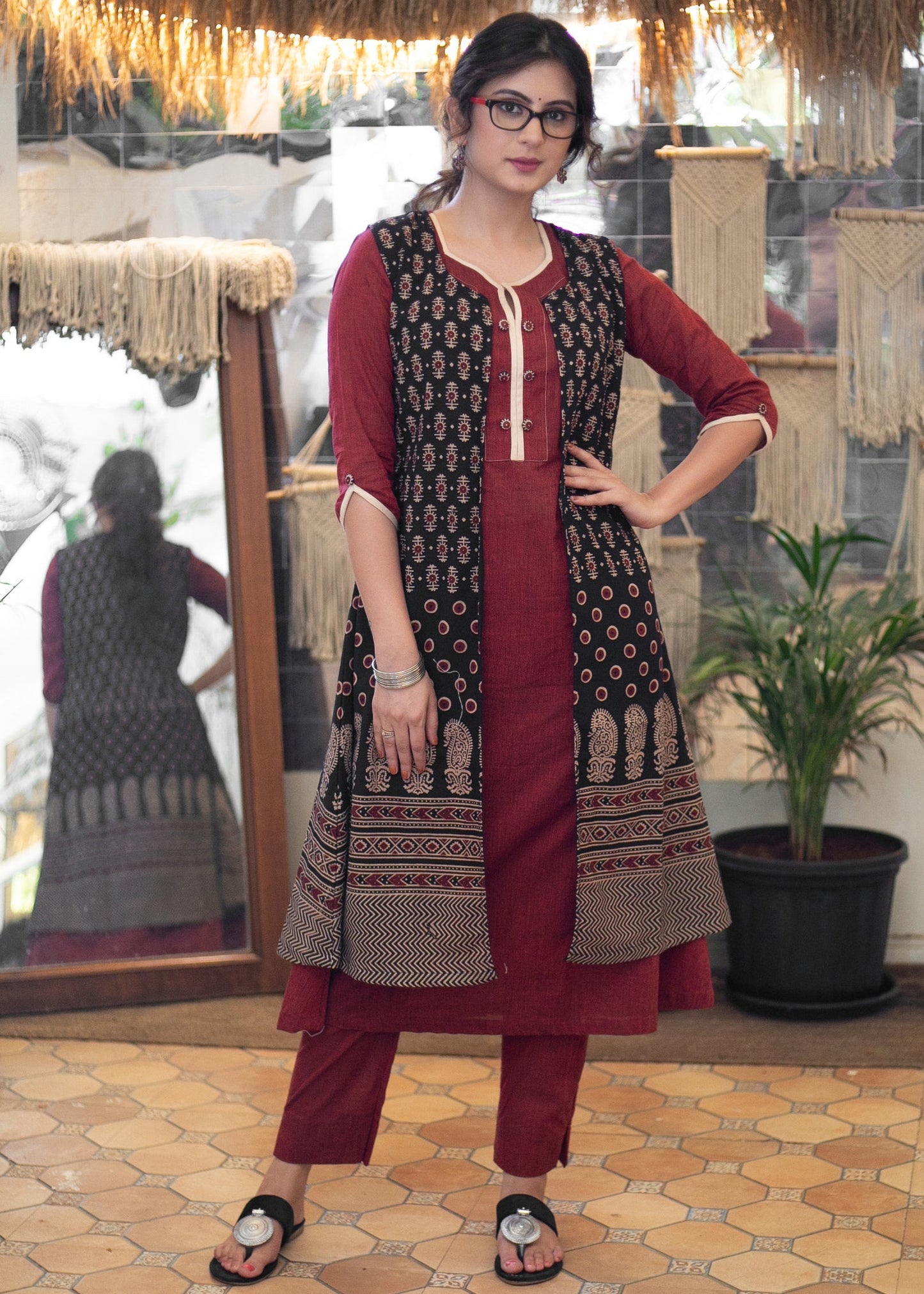 Elegant Cotton Maroon Kurta with Ajrakh Long Shrug - Pant Optional
