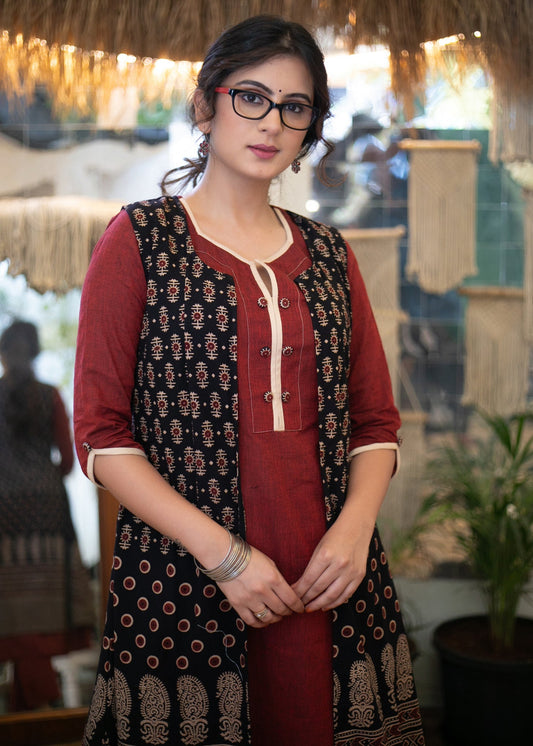 Elegant Cotton Maroon Kurta with Ajrakh Long Shrug - Pant Optional