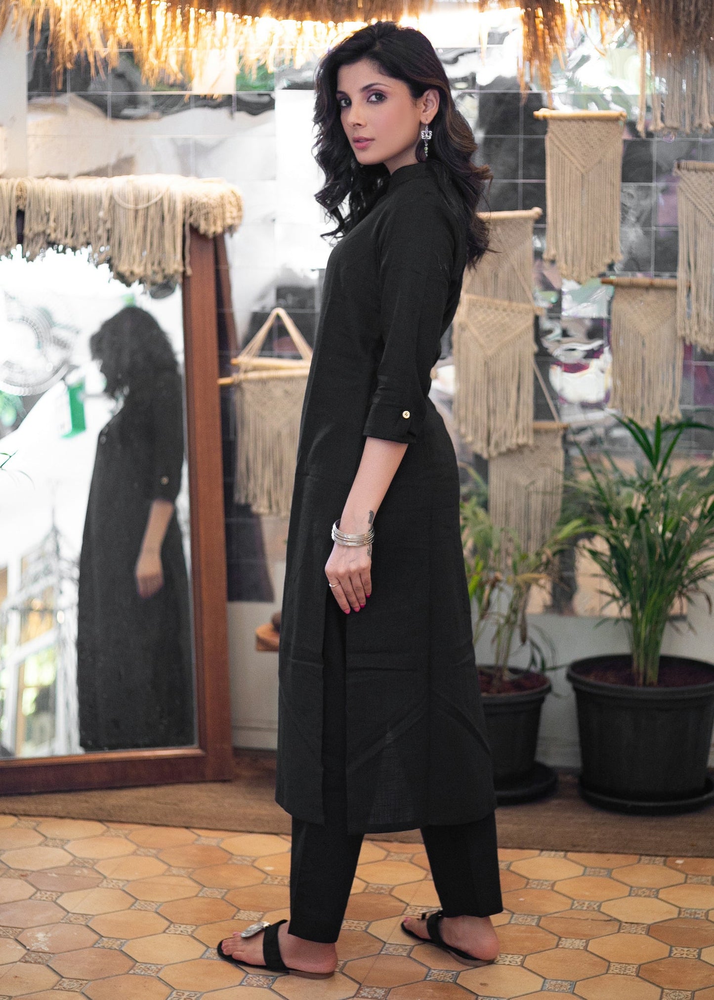 Must Have Black Cotton Kurta with Multicolor Cotton Silk Kantha Short Jacket - Pant Optional