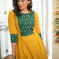 Elegant Cotton Mustard A Line Kurta with Contrast Ikat Combination on Yoke and Sleeves - Pant Optional