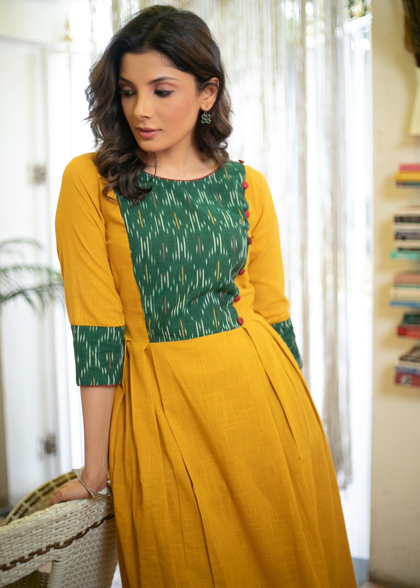 Elegant Cotton Mustard A Line Kurta with Contrast Ikat Combination on Yoke and Sleeves - Pant Optional
