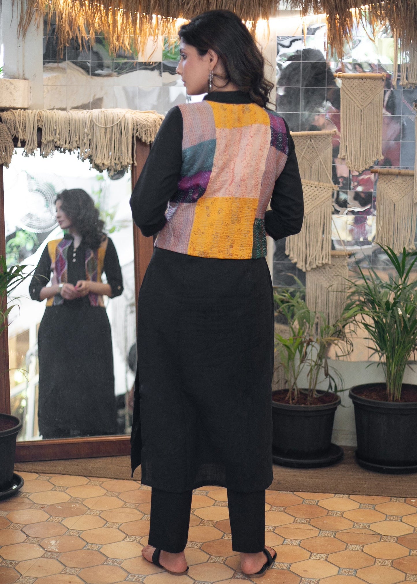 Must Have Black Cotton Kurta with Multicolor Cotton Silk Kantha Short Jacket - Pant Optional