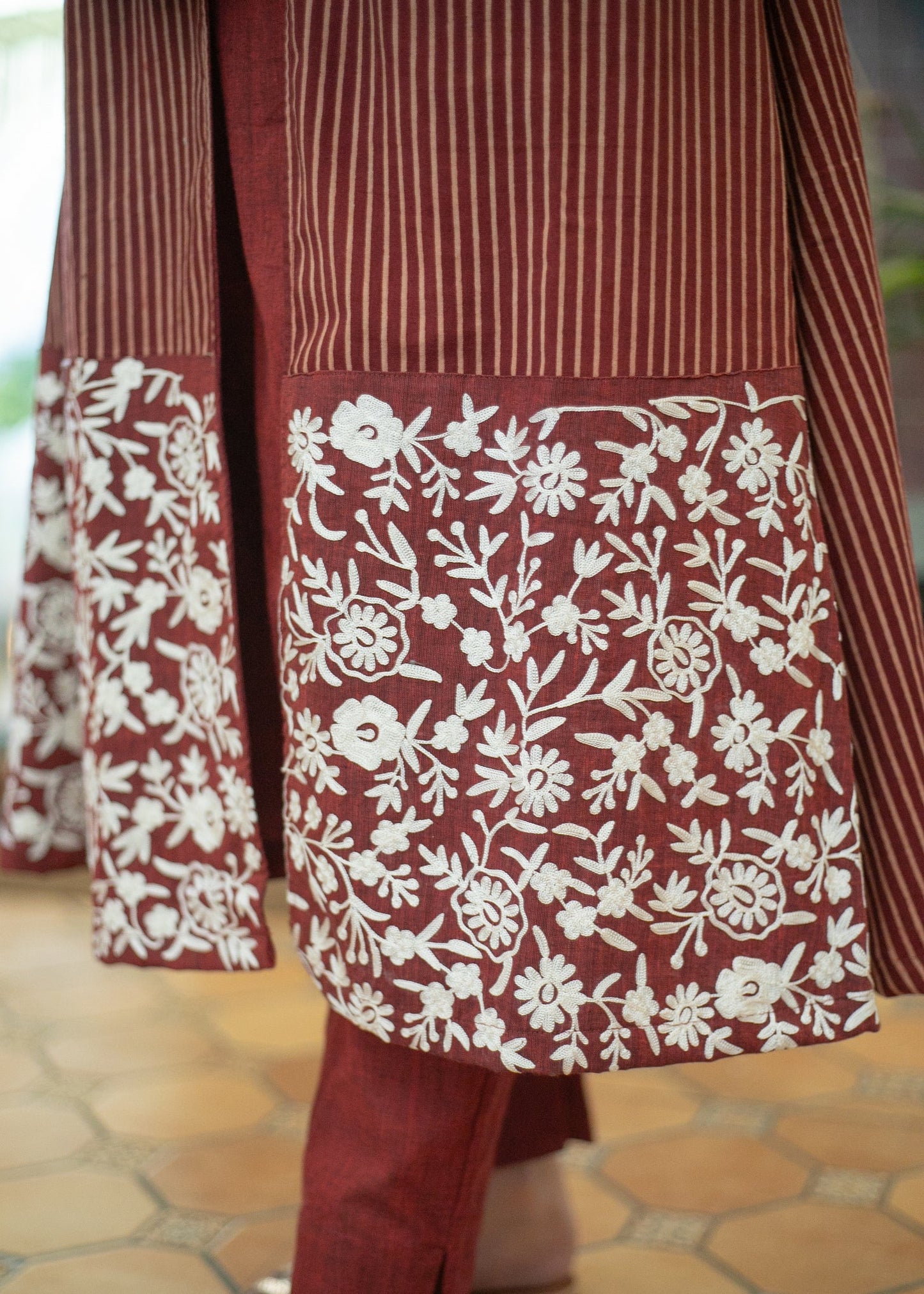 Classy Cotton Maroon Striped Ajrakh Long Shrug with Heavy Embroidery